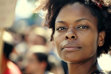 Obraz premium Close-up of a self-assured woman with a determined look in a bustling environment