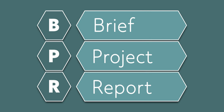 BPR Brief project report. An Acronym Abbreviation of a financial term. Illustration isolated on cyan blue green background