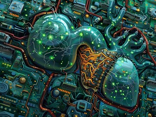 a circuit board with a heart-shaped computer chip in the center - Powered by Adobe