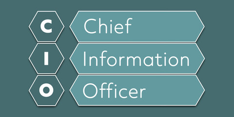 CIO Chief Information Officer. An Acronym Abbreviation of a financial term. Illustration isolated on cyan blue green background