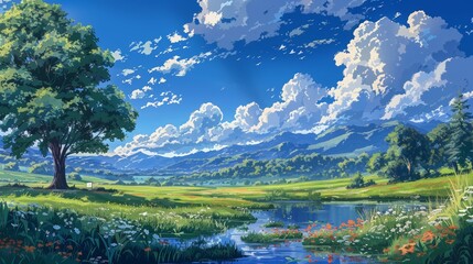 a beautiful landscape with a large tree, a river, and mountains in the distance