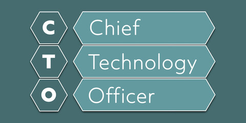 CTO Chief Technology Officer. An Acronym Abbreviation of a financial term. Illustration isolated on cyan blue green background