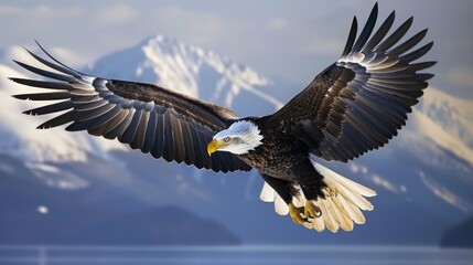 Fototapeta premium A majestic bald eagle soaring majestically through the air, its wide wingspan creating an impressive silhouette against the bright blue sky