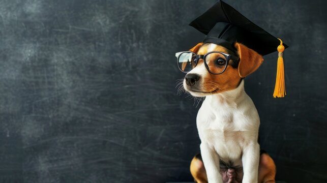 Smart jack russell terrier puppy wearing eyeglasses and graduation hat sits near black chalkboard at school and points away on empty space