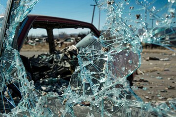 An eerie and chaotic scene featuring a car riddled with bullet holes, with shattered glass highlighting the violence and abandonment of the scene