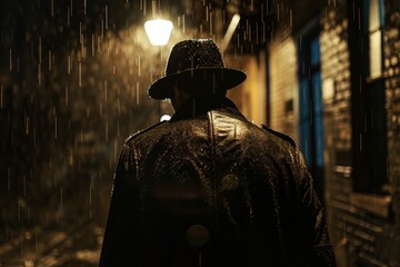 A shadowy figure donned in a raincoat stands in the rain, evoking mystery and solitude