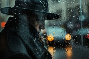 A mysterious person holding an umbrella as viewed through rain-drenched glass, evoking a moody vibe
