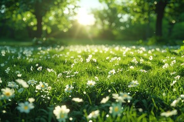 Field of daisies bathed in sunlight with trees casting shadows on the grass