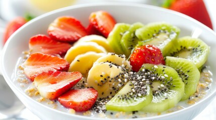 Homemade oatmeal porridge with fresh fruits, strawberry, banana, kiwi. Recipe of healthy breakfast full of vitamins and antioxidants, clean eating.
