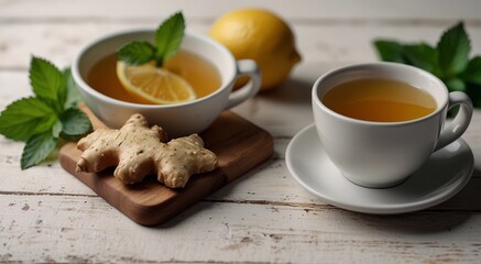 Tea with lemon and mint on a wooden background. Empty space, place for text