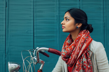 young indian woman riding bicycle