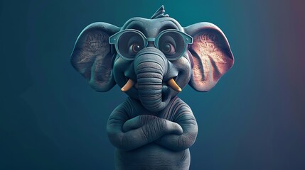 A digital illustration of a happy, cartoon elephant wearing glasses, standing with folded arms and a wide grin, set against a vibrant navy blue background
