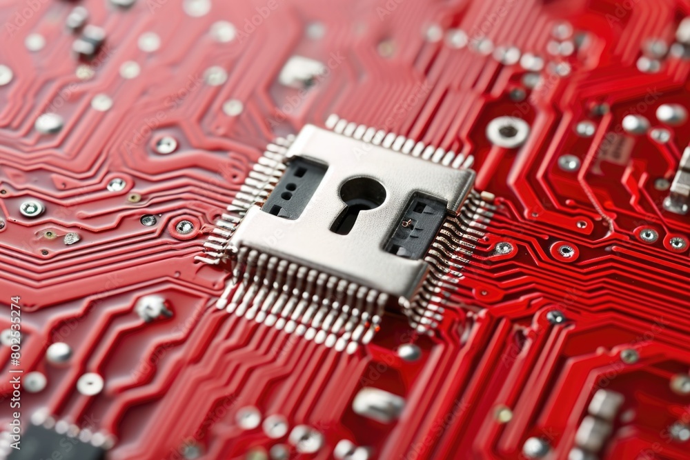 Poster a red circuit board with a keyhole on it