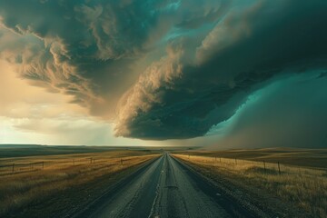A large storm cloud is looming over a road