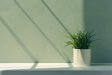 A potted plant sits on a white shelf in front of a green wall