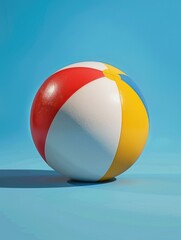 A red, white and yellow beach ball is sitting on a blue background