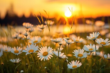 Close-up of white daisy blooms in a field on the setting sun