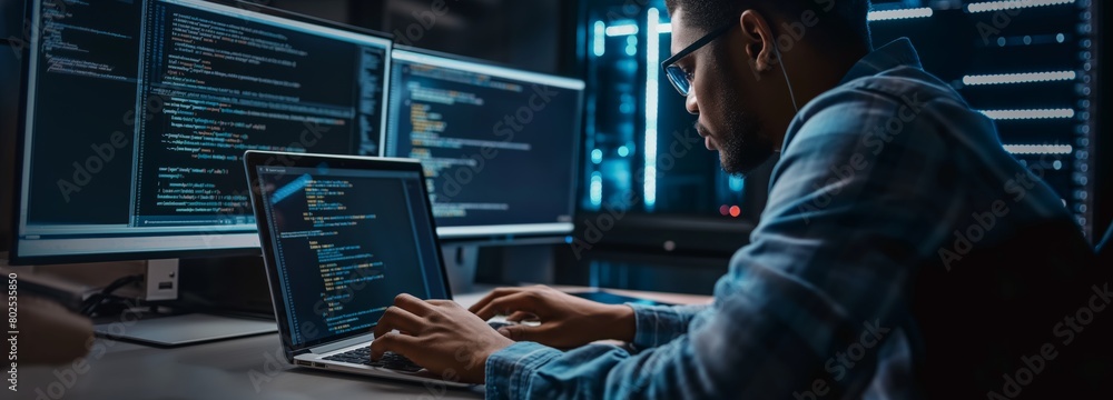 Poster An Internet IT technologist in a data center actively programs and analyzes data to improve security systems and store information in cloud storage. Wide banner