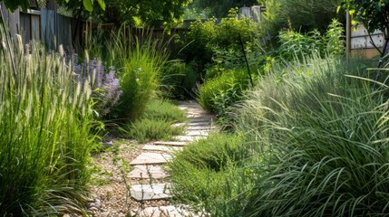 A serene herb garden tucked into a corner of a backyard surrounded by tall grasses and featuring a stone pathway winding through the fragrant plants..