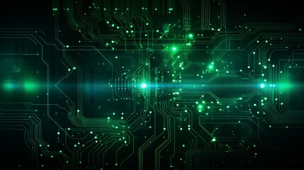 Futuristic Abstract Green Glowing Circuit Board Technology Background.