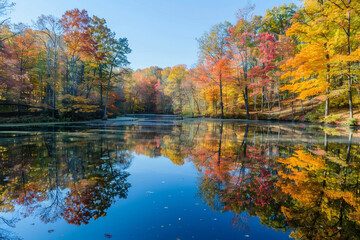 A panoramic view of a serene forest lake reflecting the vibrant colors of autumn.