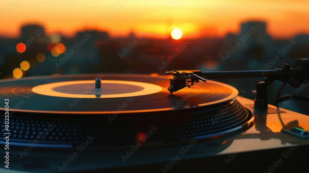 Poster a record player is on a turntable with a sunset in the background