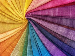 Fan-arranged multicolored fabric creating a vibrant spectrum, symbolizing diversity and creativity.