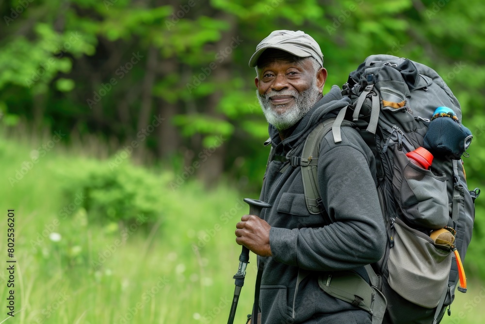 Poster a man with a backpack is smiling and posing for a picture