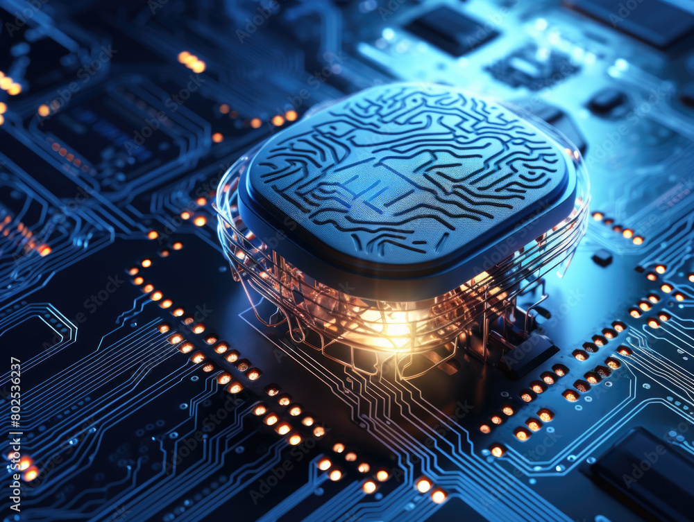 Poster a computer chip is shown in a blue and orange color scheme