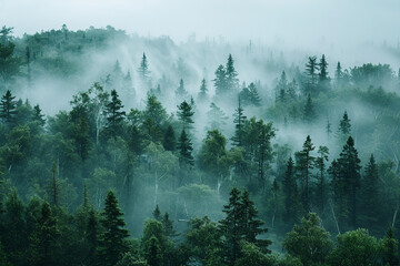 A panoramic view of a misty forest shrouded in an early morning fog.
