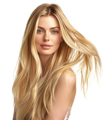 Naklejka premium Blonde woman with flowing hair smiling, photorealistic portrait isolated on transparent background