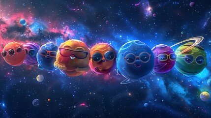 A series of cheerful, anthropomorphic planets wearing glasses, confidently posing with folded arms, set against a cosmic navy blue nebula backdrop swirling with vibrant colors