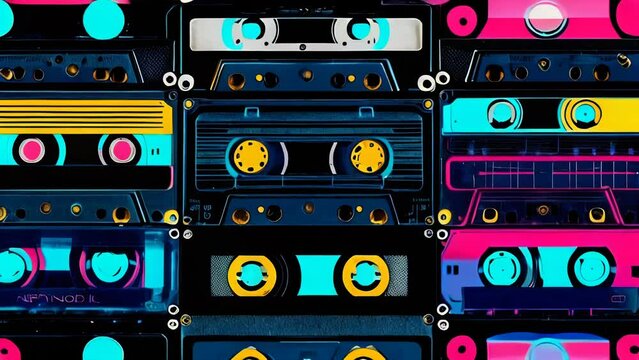 Pattern, texture of beautiful abstract neon bright blue glowing old retro vintage hipster music audio cassettes from the 80s, 90s and copy space on a black background