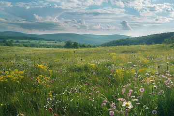 Fototapeta premium A panoramic view of a flower-filled meadow, with rolling hills in the distance.