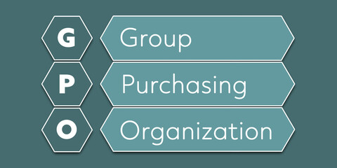 GPO Group purchasing organization. An Acronym Abbreviation of a financial term. Illustration isolated on cyan blue green background