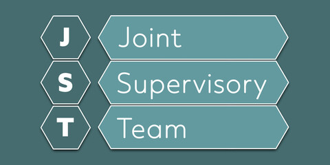 JST Joint Supervisory Team. An Acronym Abbreviation of a financial term. Illustration isolated on cyan blue green background