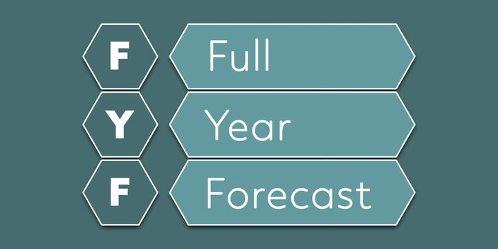 FYF Full Year Forecast. An Acronym Abbreviation of a financial term. Illustration isolated on cyan blue green background