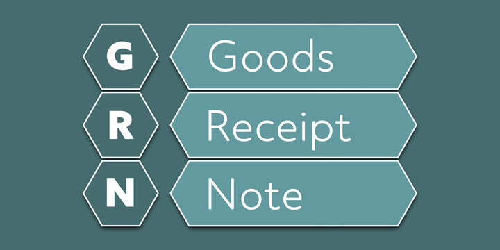GRN Goods Receipt Note. An Acronym Abbreviation of a financial term. Illustration isolated on cyan blue green background