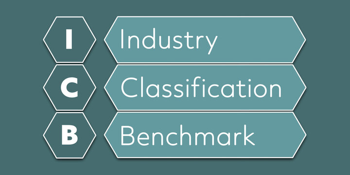 ICB Industry Classification Benchmark. An Acronym Abbreviation of a financial term. Illustration isolated on cyan blue green background