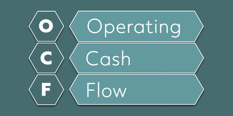 OCF Operating cash flow. An Acronym Abbreviation of a financial term. Illustration isolated on cyan blue green background
