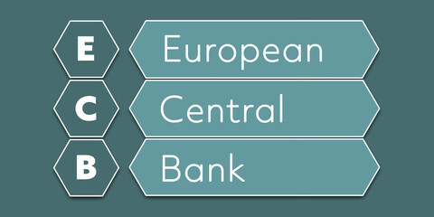 ECB European Central Bank. An Acronym Abbreviation of a financial term. Illustration isolated on cyan blue green background