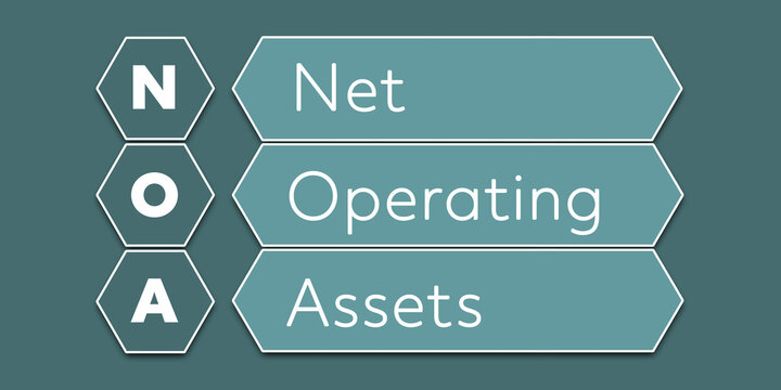 NOA Net Operating Assets. An Acronym Abbreviation of a financial term. Illustration isolated on cyan blue green background