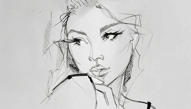 Fashion illustration - woman with long eyelashes and a beautiful warm smile looking over her right shoulder