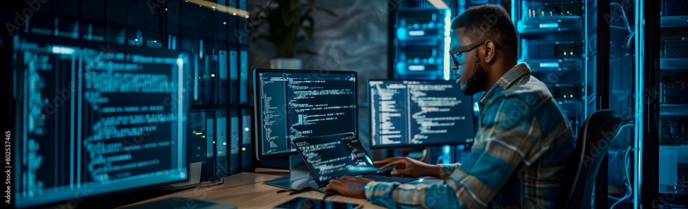 Aufkleber An IT specialist in a data center works at a computer, debugging software and restoring server systems in case of errors. Wide format banner