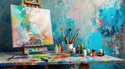 An artist's studio in full creative chaos, paint splattered everywhere, canvases in various stages of completion, vibrant colors clashing and blending. Resplendent.