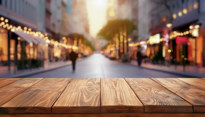 An empty wooden table with a blurred city street in the background. High quality photo
