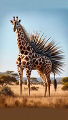 Majestic Quilled Giraffe Stands Tall in the Savannah - AI Generated Digital Art