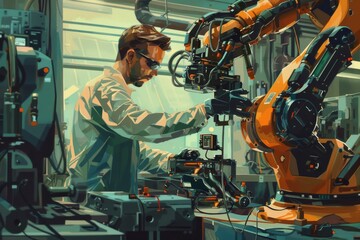 In high-tech facility, a male specialist in robotics develop innovative AI-driven robots, utilizing machine learning for an industry 4.0. 