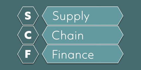 SCF Supply Chain Finance. An Acronym Abbreviation of a financial term. Illustration isolated on cyan blue green background