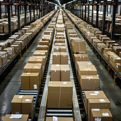 Photo of Tons of boxes in shipping facility on track moving to trucks.